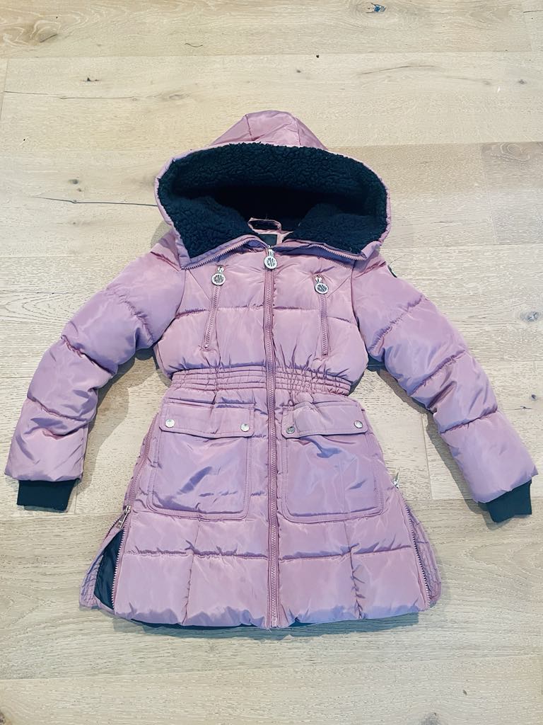 #222 DKNY Girls 10-12 Shiny Mauve with Huge Foldable Cuff Black Fleece Hood, Side Zip Slits, Pockets, Gold Accents