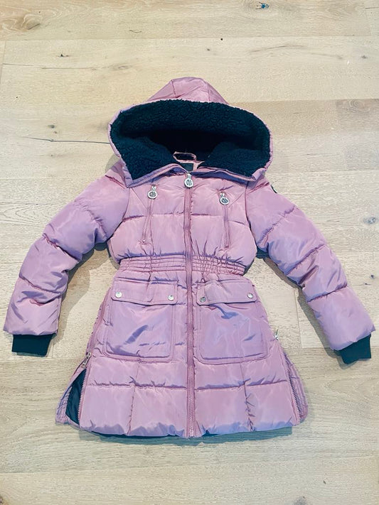 #222 DKNY Girls 10-12 Shiny Mauve with Huge Foldable Cuff Black Fleece Hood, Side Zip Slits, Pockets, Gold Accents