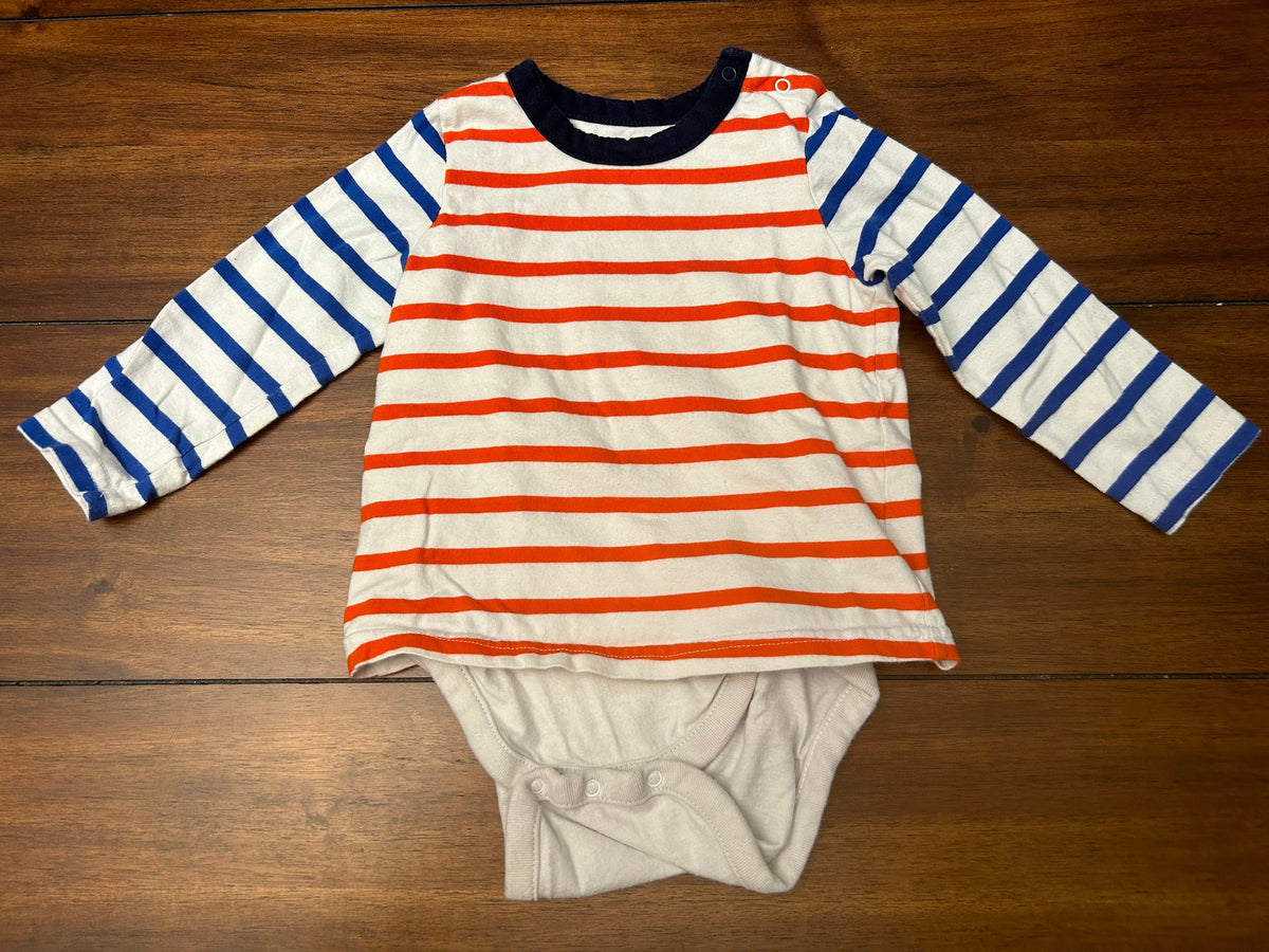 #197 Gap Boys Size 12-18M White Blue & Orange Striped Double Layer Onesie & Blue Striped Knit Pant Outfit
