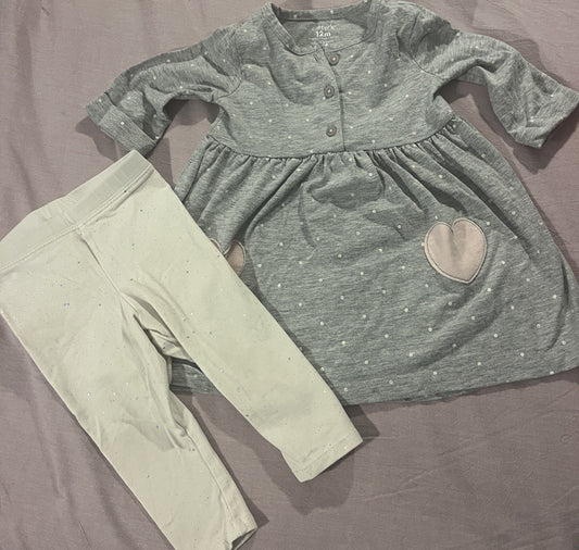 #211 Girls 12-18m Gray/Pink Heart Dress/Legging Set
