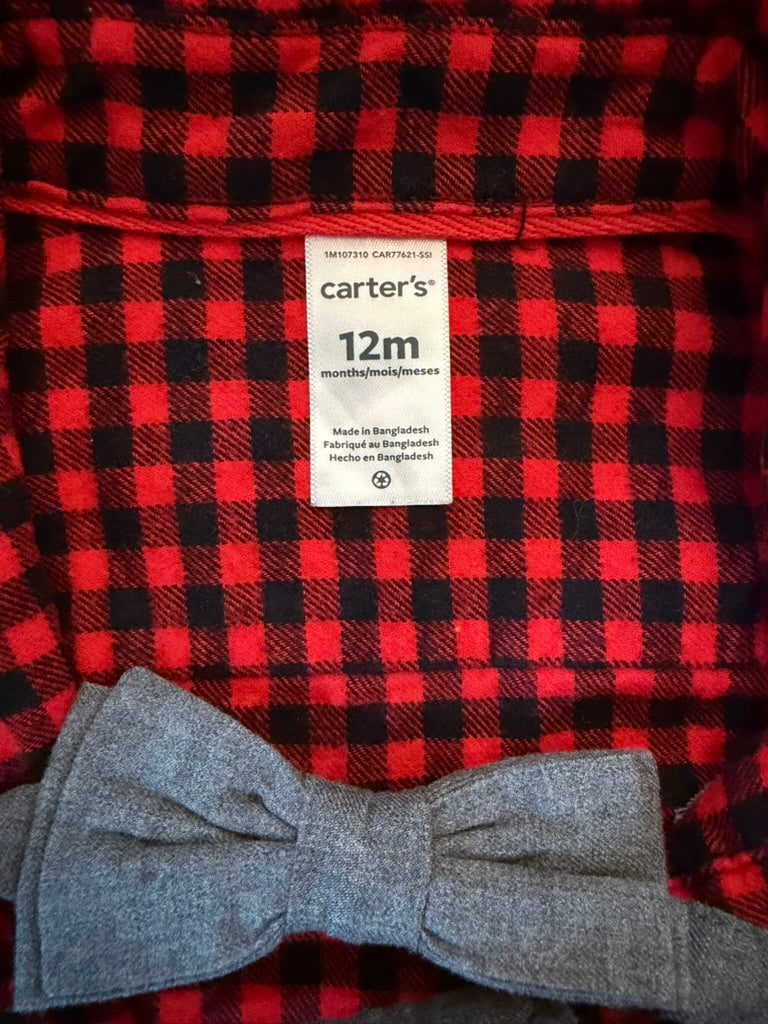 #6 - Carters Buffalo Plaid Onesie with Grey Bowtie - 12 months
