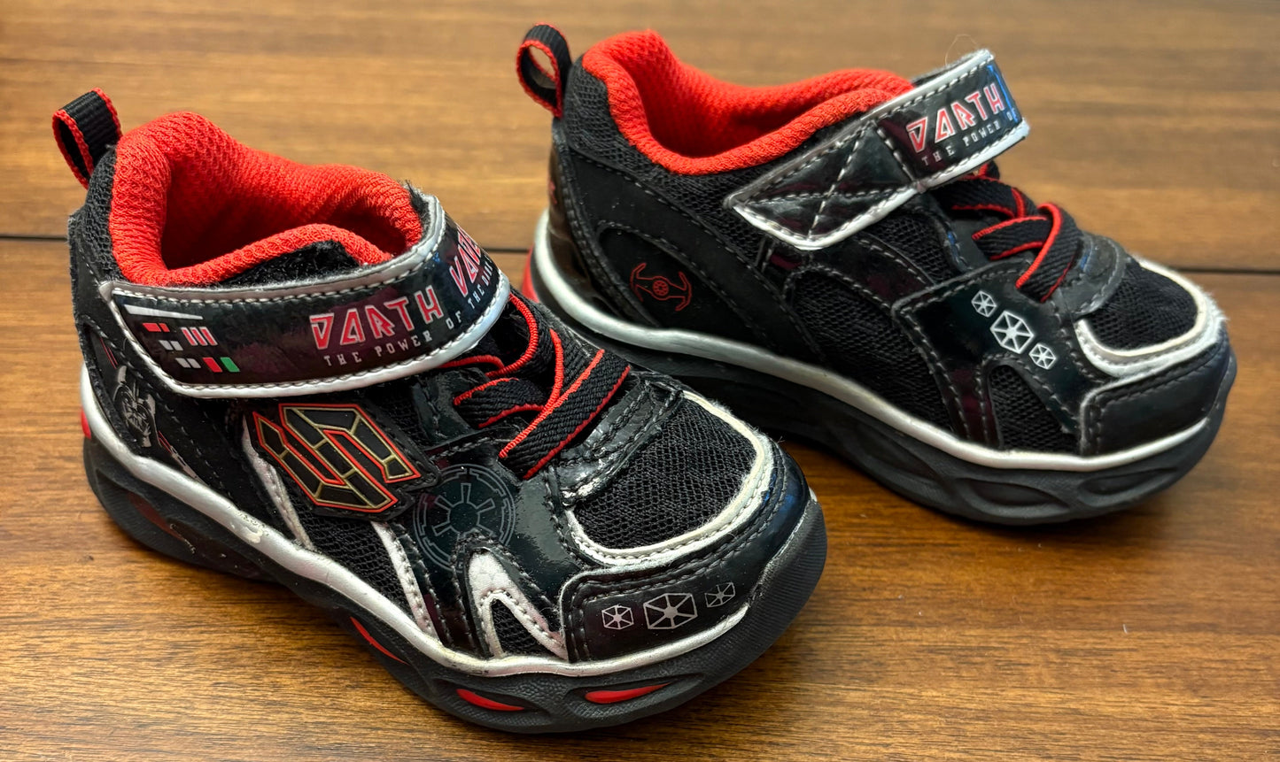 Seller #210 Sketchers Boys Size 5 Black with Red Darth Vader Velcro Tennis Shoes
