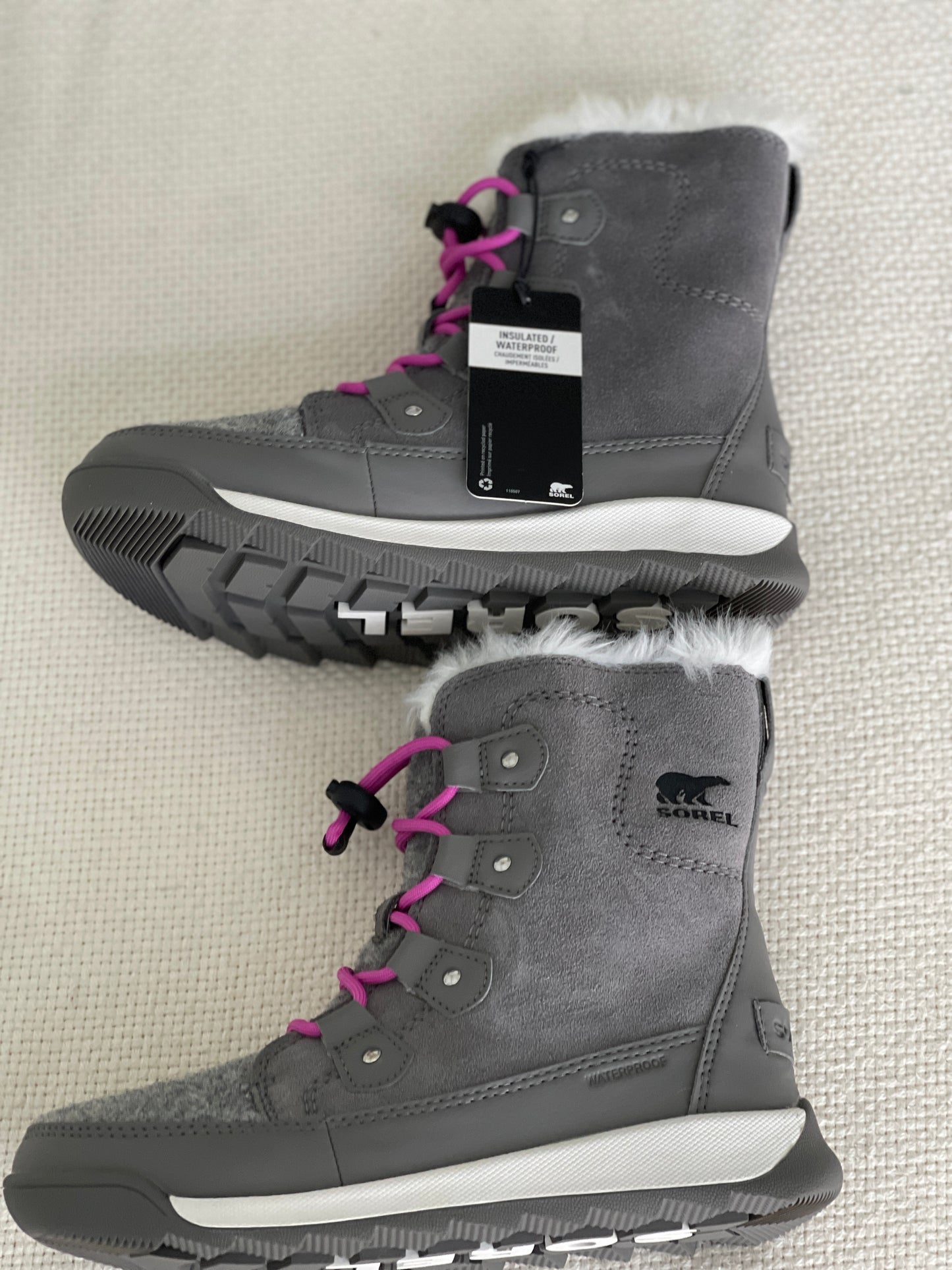 PPU Montgomery NWT Sorel Girl's Waterproof Fleece-lined Boots Gray with Purple Laces Size 3