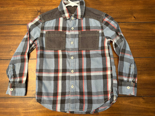 #197 Tucker & Tate Boys Size 5 Blue Gray & Red Denim Washed Long Sleeve Flannel Shirt