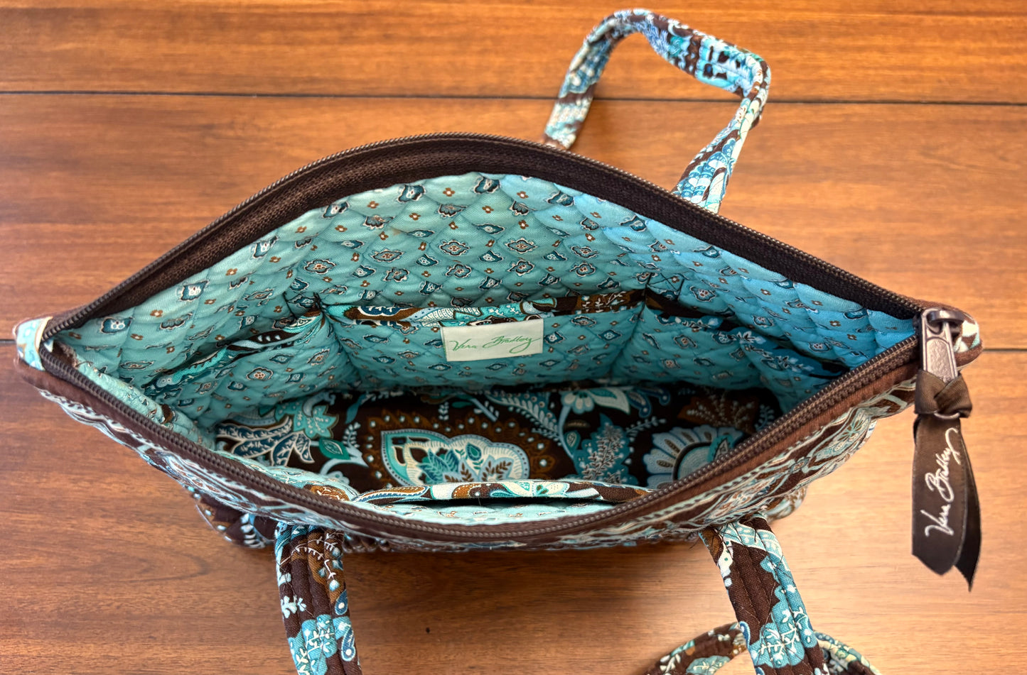 Seller #210 Vera Bradley Aqua & Brown Small Fabric Tote Bag