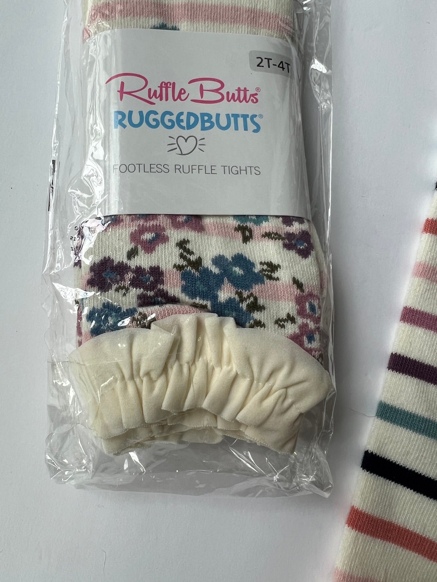 #77B Girls Size 2T-4T Ruffle Butts Set of 2 New Footless Tights (NMT White with pink stripe and floral/NWOT Cream with pastel stripes)