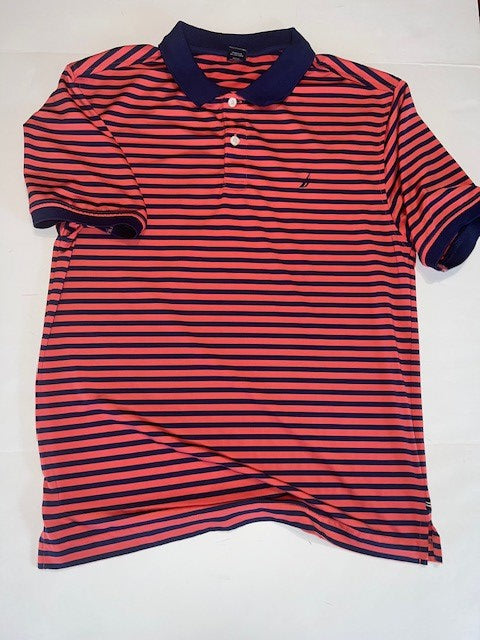 #78 boys XL 18-20 Nautica pink and navy striped polo