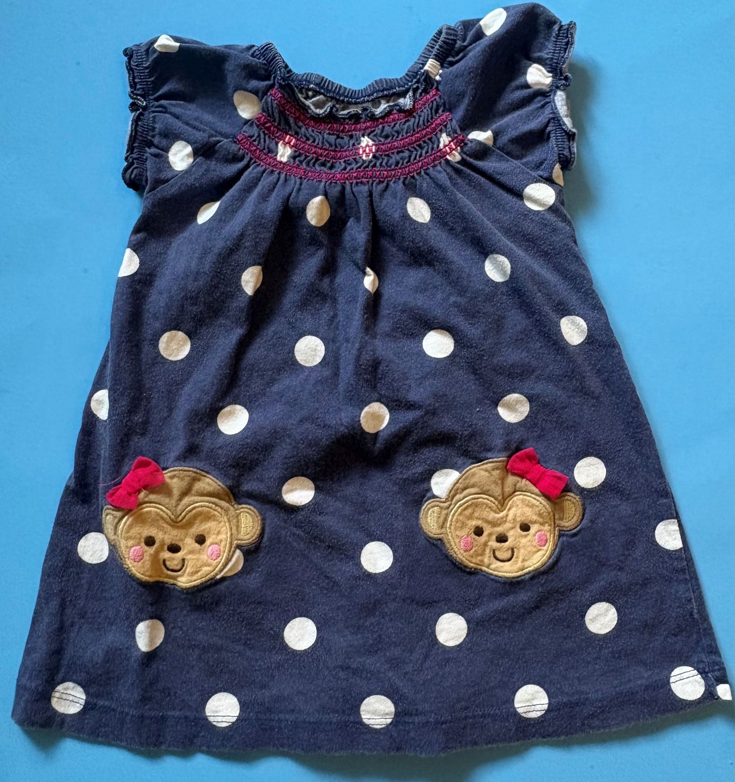 REDUCED #145 Girls Navy 18mo Monkey/Polka Dot Dress