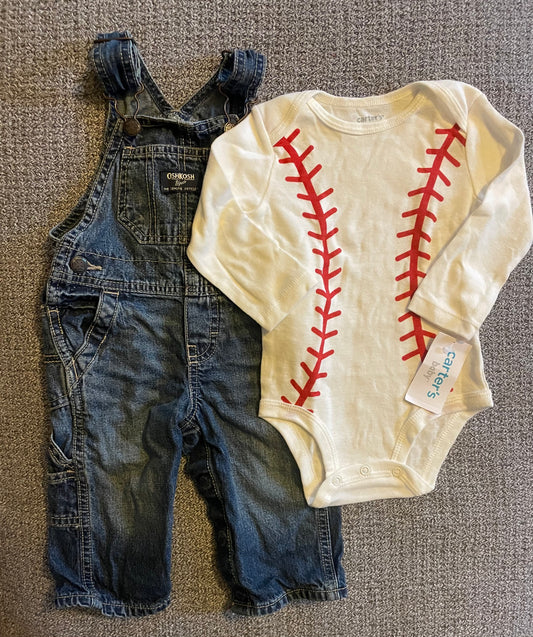 9 month outfit - OshKosh denim overalls with NWT Carter’s long sleeve baseball onesie