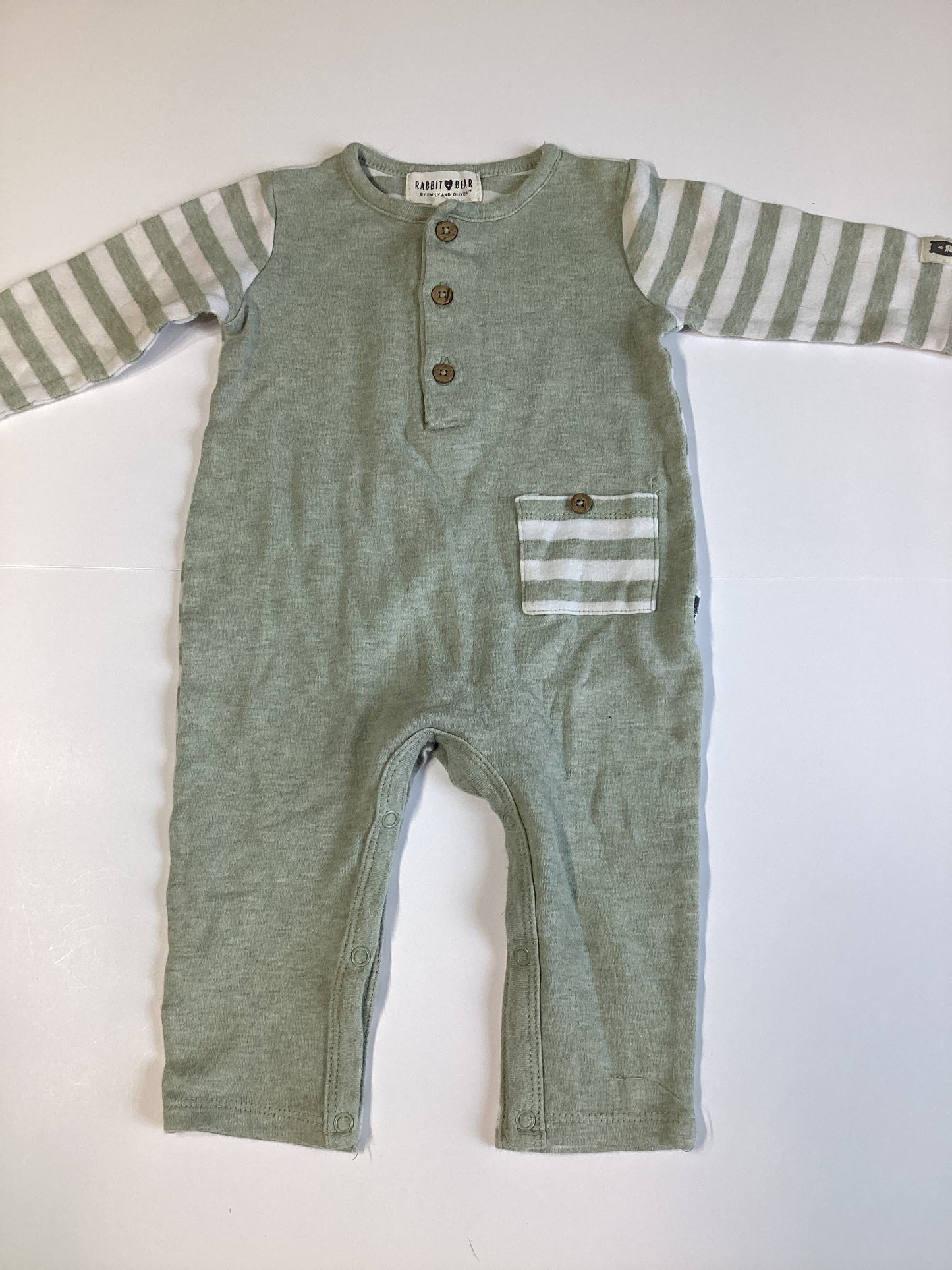 #129 6-9m Olive striped button up outfit