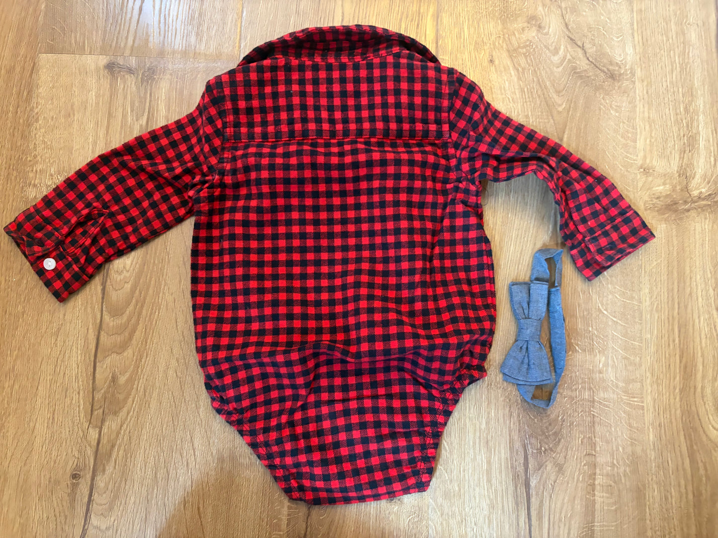 #6 - Carters Buffalo Plaid Onesie with Grey Bowtie - 12 months