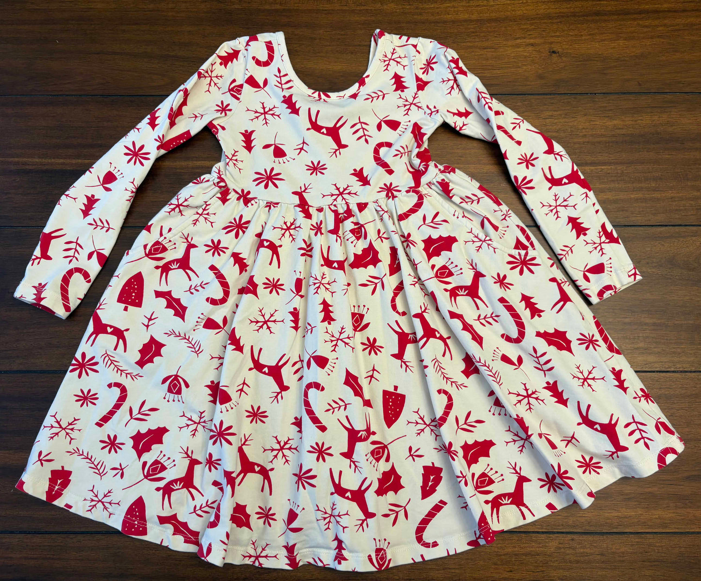 Seller #210 Hanna Andersson Girls Size 6-7 (120) Cream With Red Reindeer Long Sleeve Twirl Dress
