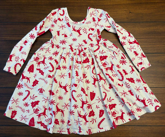Seller #210 Hanna Andersson Girls Size 6-7 (120) Cream With Red Reindeer Long Sleeve Twirl Dress