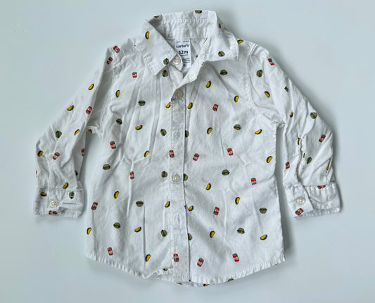 Carters White Long Sleeve Button-up w Food Baby Boy Size 12 months - EUC