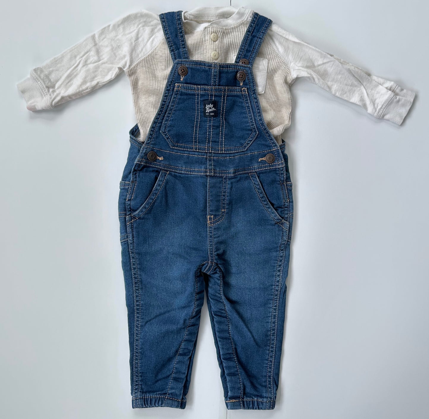 Oshkosh Denim Overalls/Cream Waffle Shirt Baby Boy Size 12 months - EUC