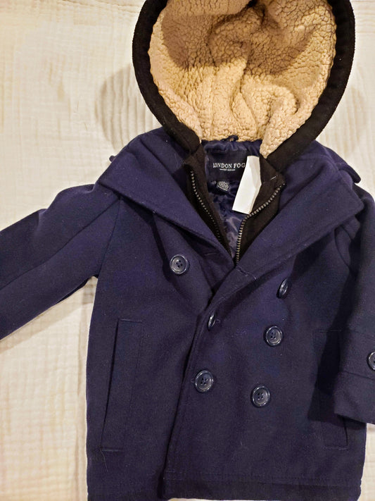 #58 London Fog navy heavy pea coat with black hood shearling lined boys size 3T