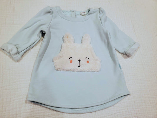 #58 Baby Gap light blue sweatshirt dress with fuzzy bunny pocket girls 12-18M