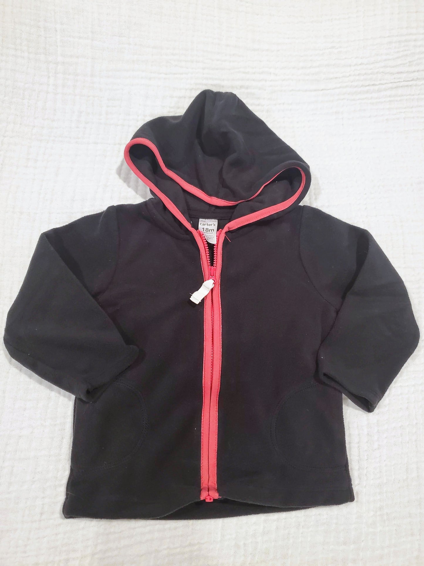 #58 Carters black hooded fleece zip up jacket with pink trim girls 18M