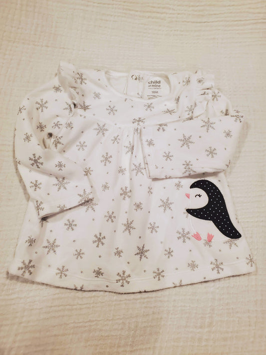 #58 Carters white fleece snowflake top with penguin girls 18M