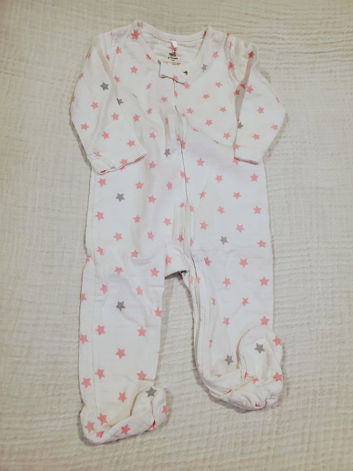 #131 Aden and Anais muslin star zip onesie girls size 6-9M