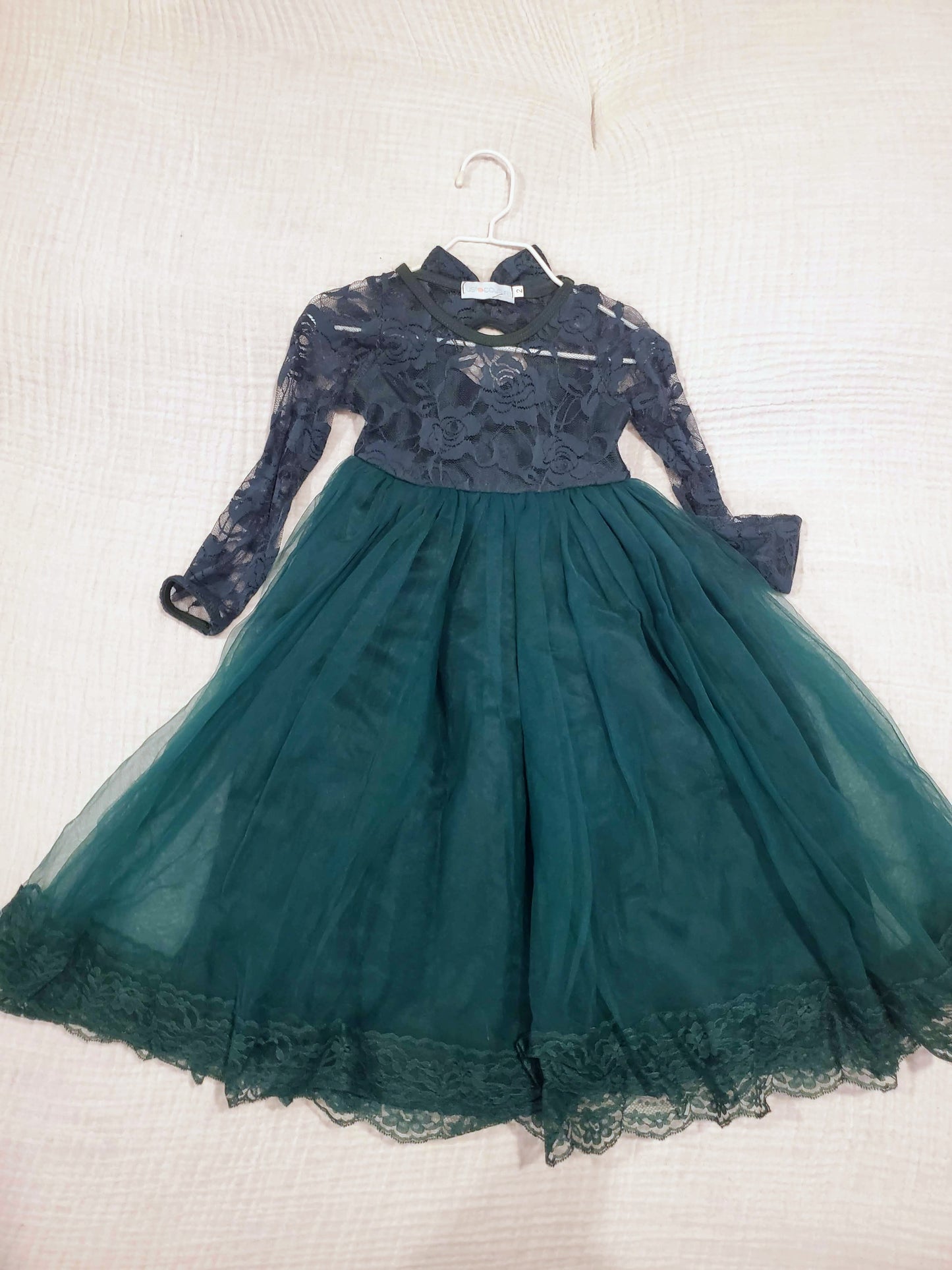 #58 Just Couture Emerald Green fancy lace and tulle dress long sleeve and long girls size 2