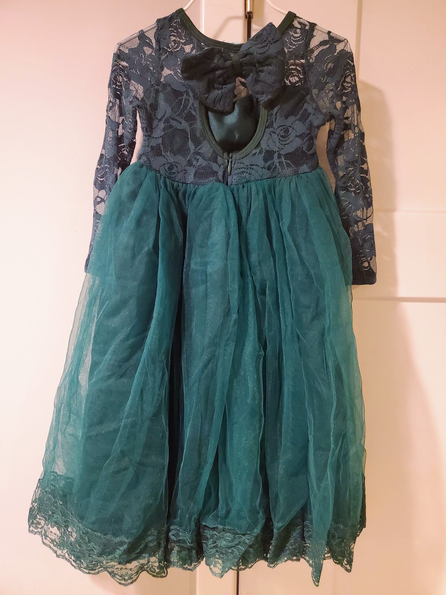 #58 Just Couture Emerald Green fancy lace and tulle dress long sleeve and long girls size 2