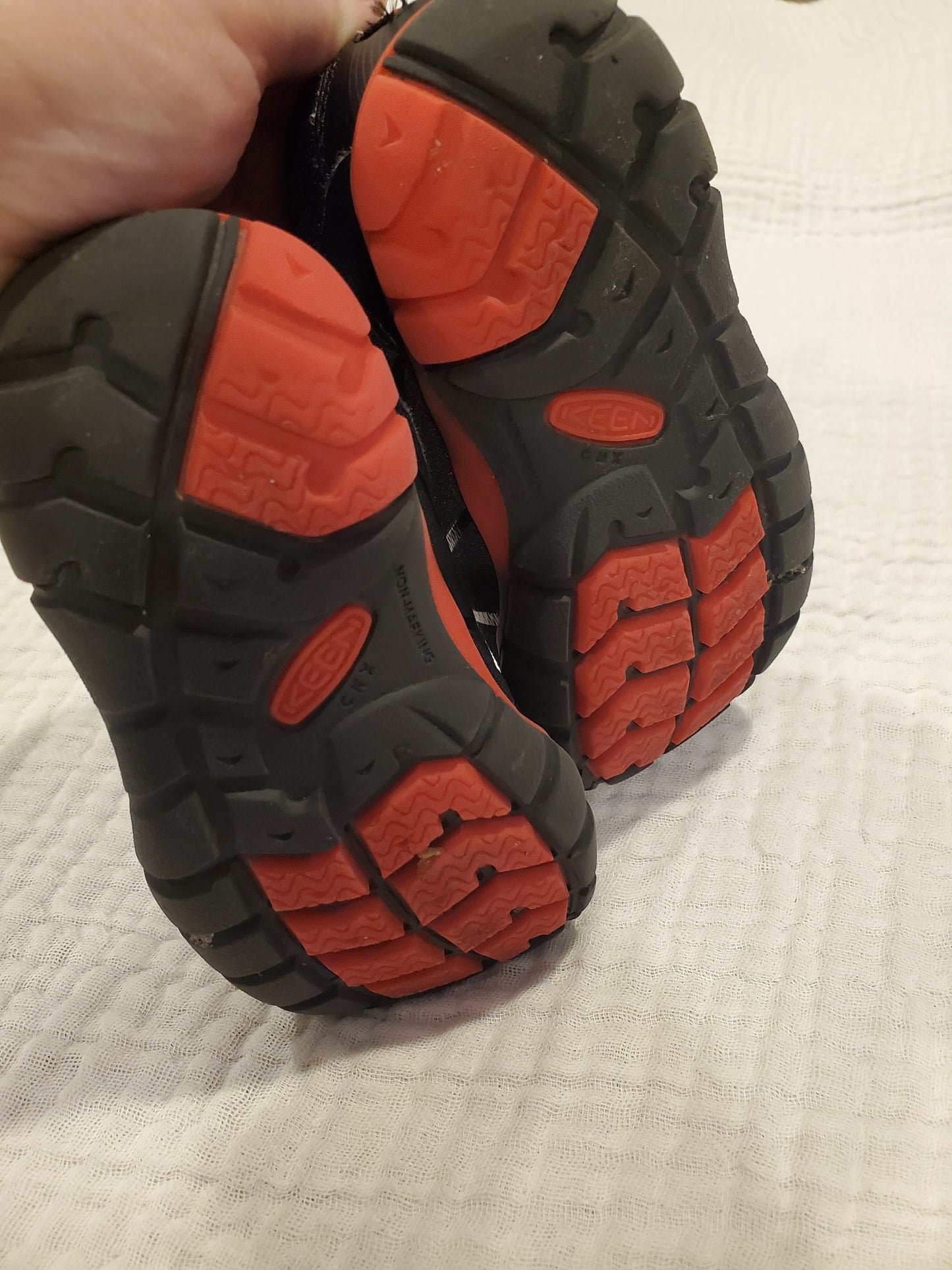 #58 Keen red & black tennis or hiking shoes with rubber toes and bungee laces Toddler Boys Size 8