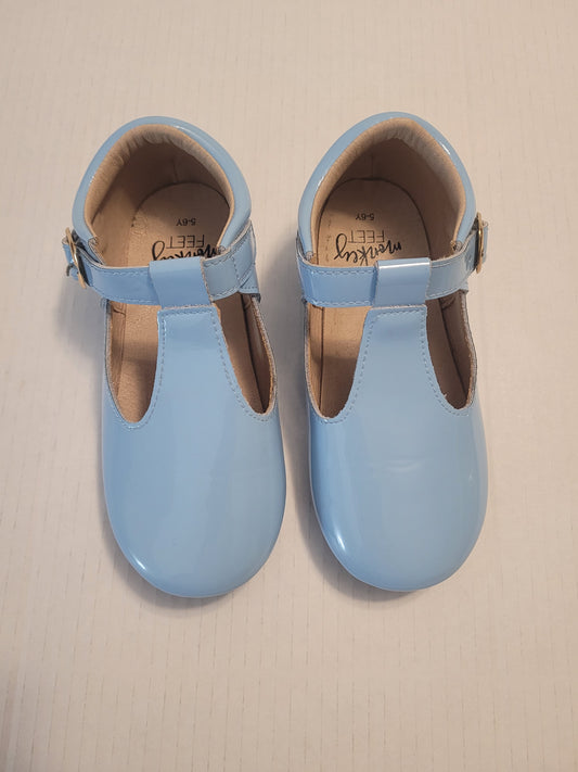 #109 Girls Monkey Feet Blue Patent T-Strap Shoes Size 5-6 Years
