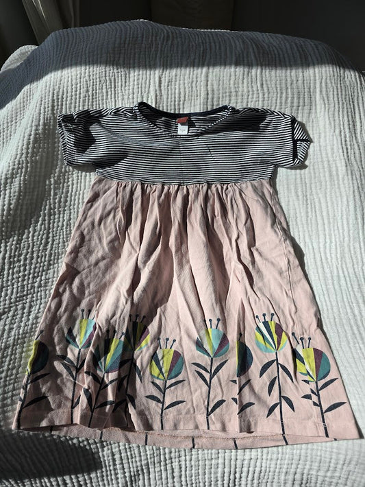 #131 Tea Collection Dress navy striped top and pink floral bottom girls size 6