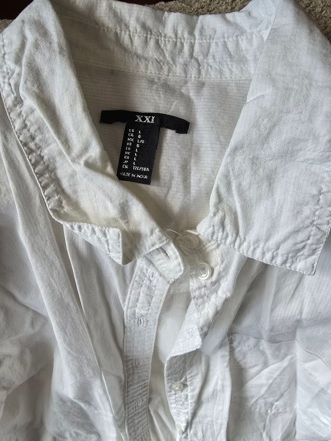 #131 Forever 21 white long blouse womens size L