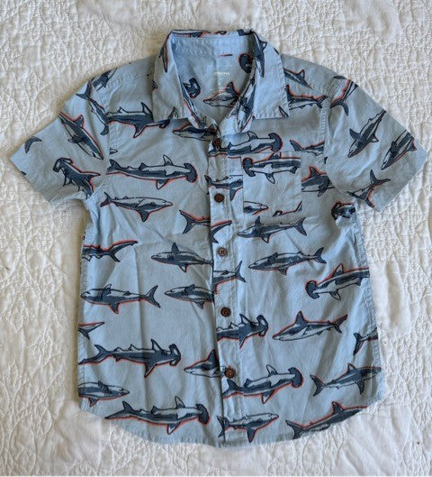 REDUCED!! Seller 76 Boys Sonoma Shark Button-up Collared Shirt, Light Blue with Sharks, size 6