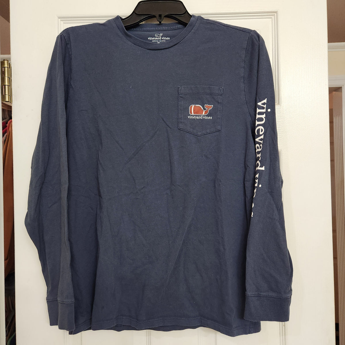 #167 Vineyard Vines Sz 18 XL Long Sleeve Navy Football Logo Tee