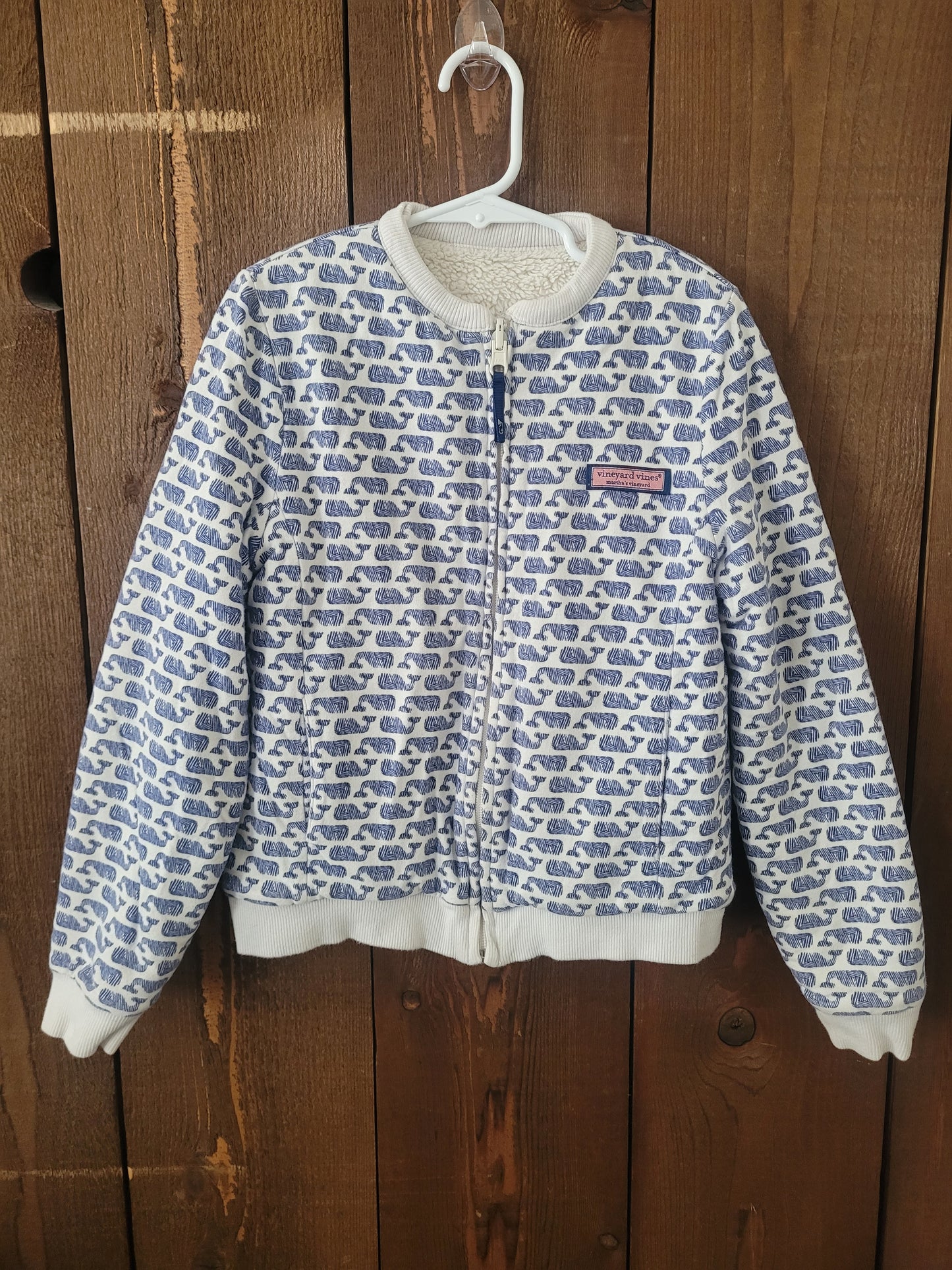 #109 Vineyard Vines Reversible Whale Print/Sherpa Zip-Up Girl's Size S (7-8)