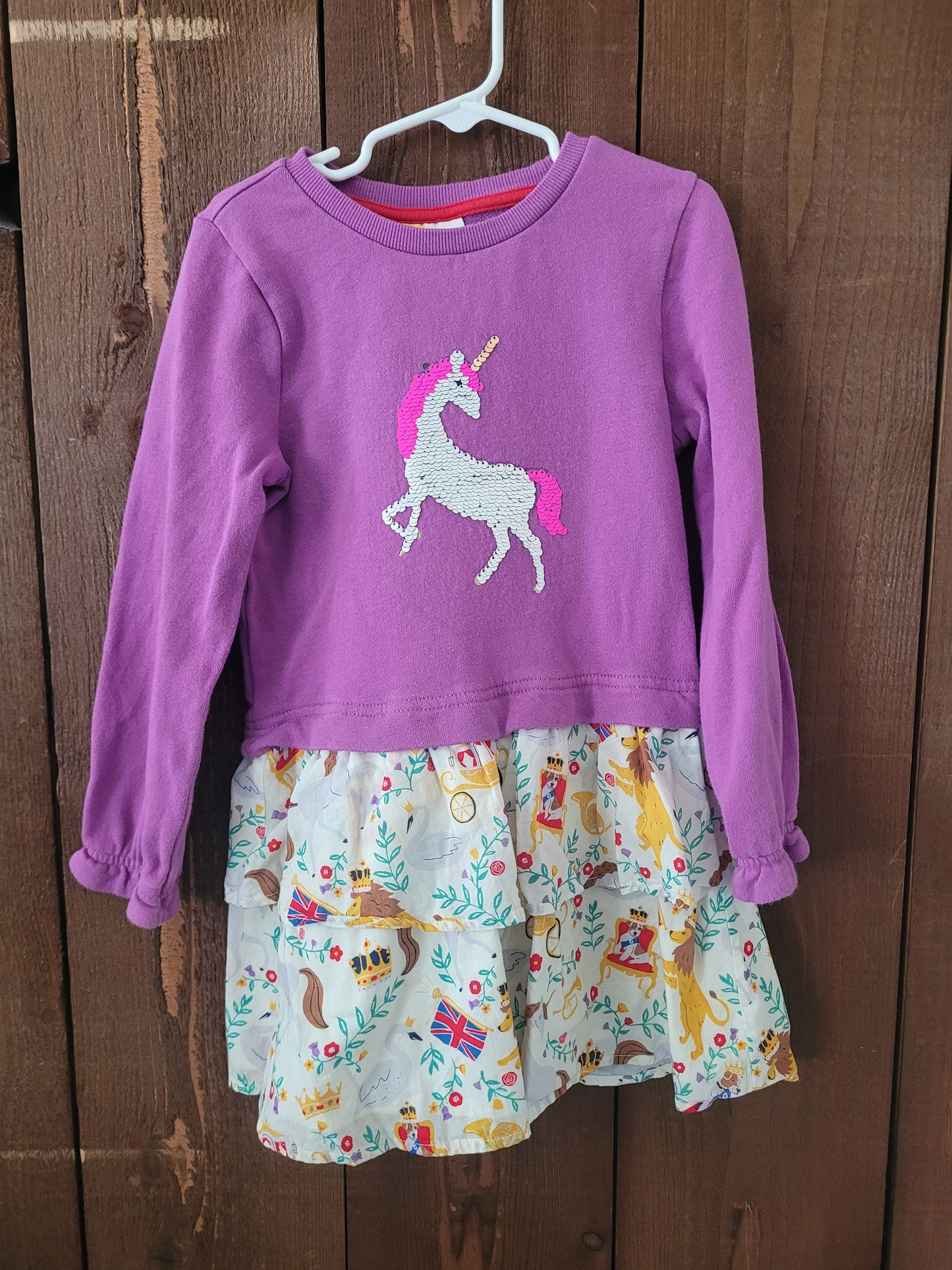 #109 Mini Boden Reversible Sequin Unicorn Dress Girls Size 5-6Y