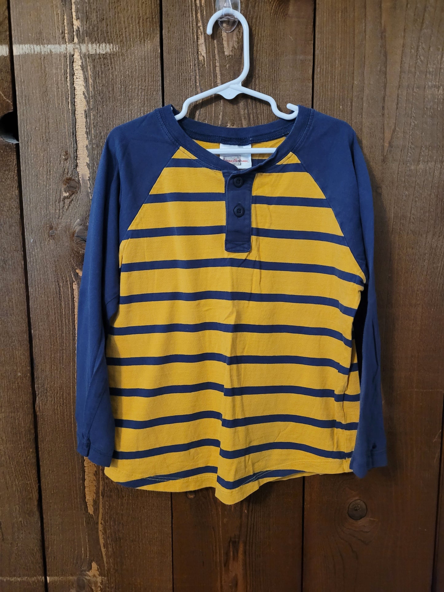#109 Hanna Andersson Blue and Yellow Stripe Henley Tee Boys Size 120/6-7