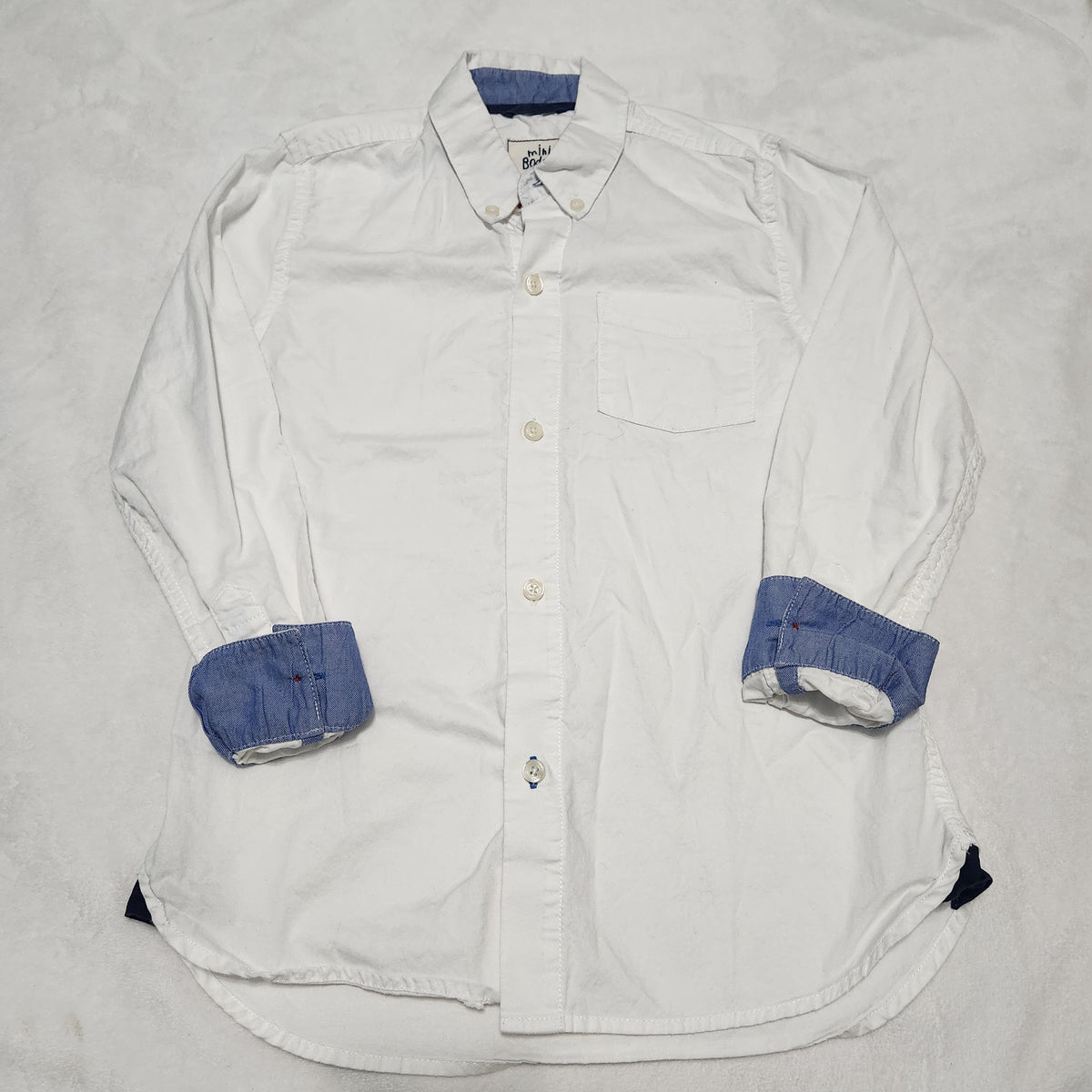 #167 Mini Boden 7/8 White Button-Down Cotton Shirt with Blue Cuff Trim