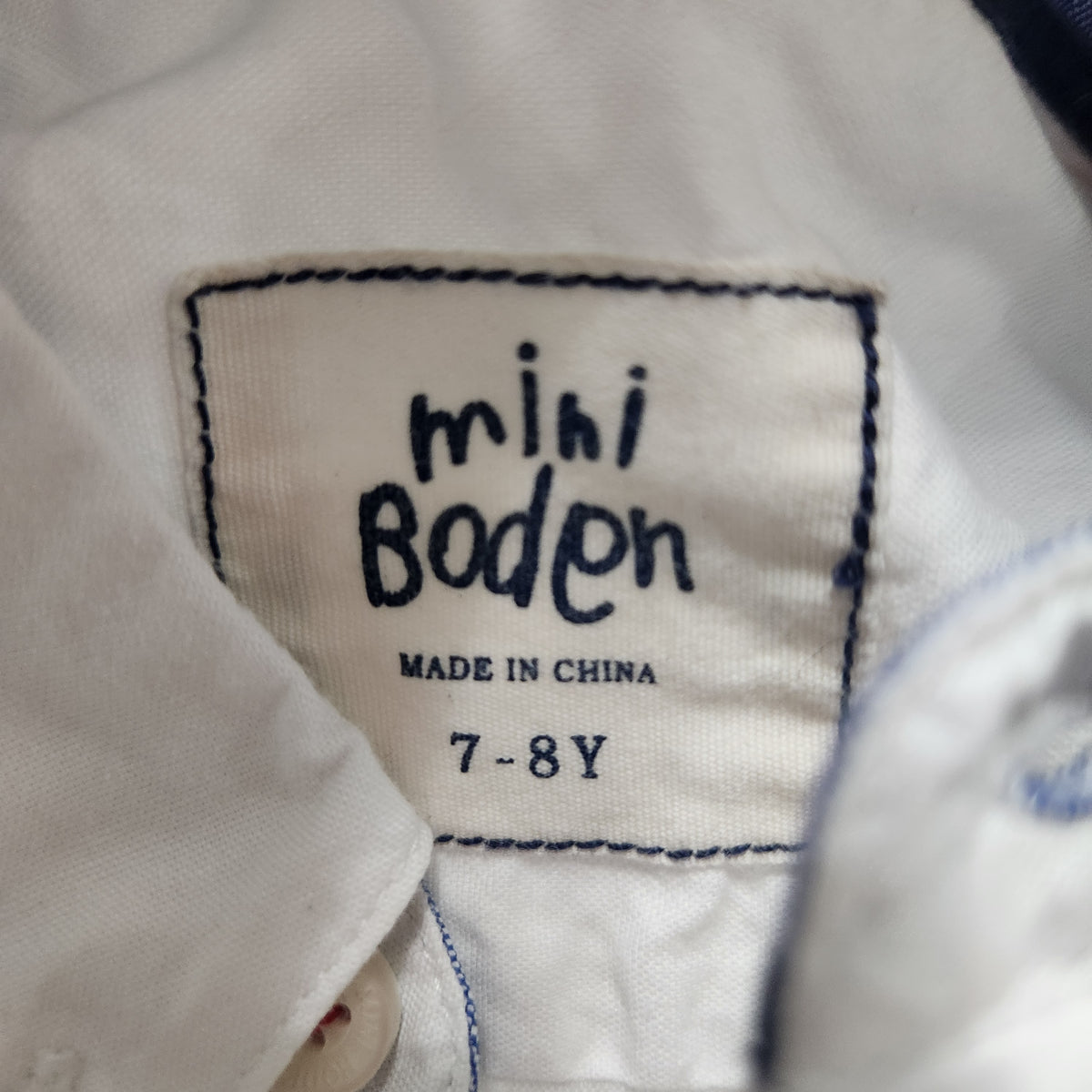 #167 Mini Boden 7/8 White Button-Down Cotton Shirt with Blue Cuff Trim