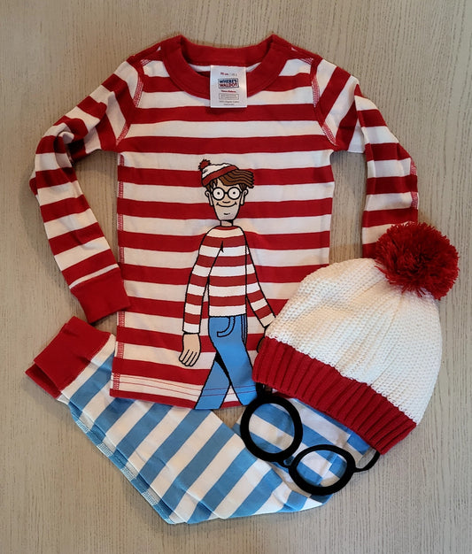 REDUCED: #9- -- Boys 3T. Hanna Andersson Where's Waldo pjs with Waldo cap