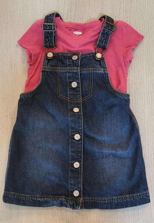 REDUCED: #9--- Girls 3T. Gap Denim Bid Jumper with Pink Old Navy shirt.