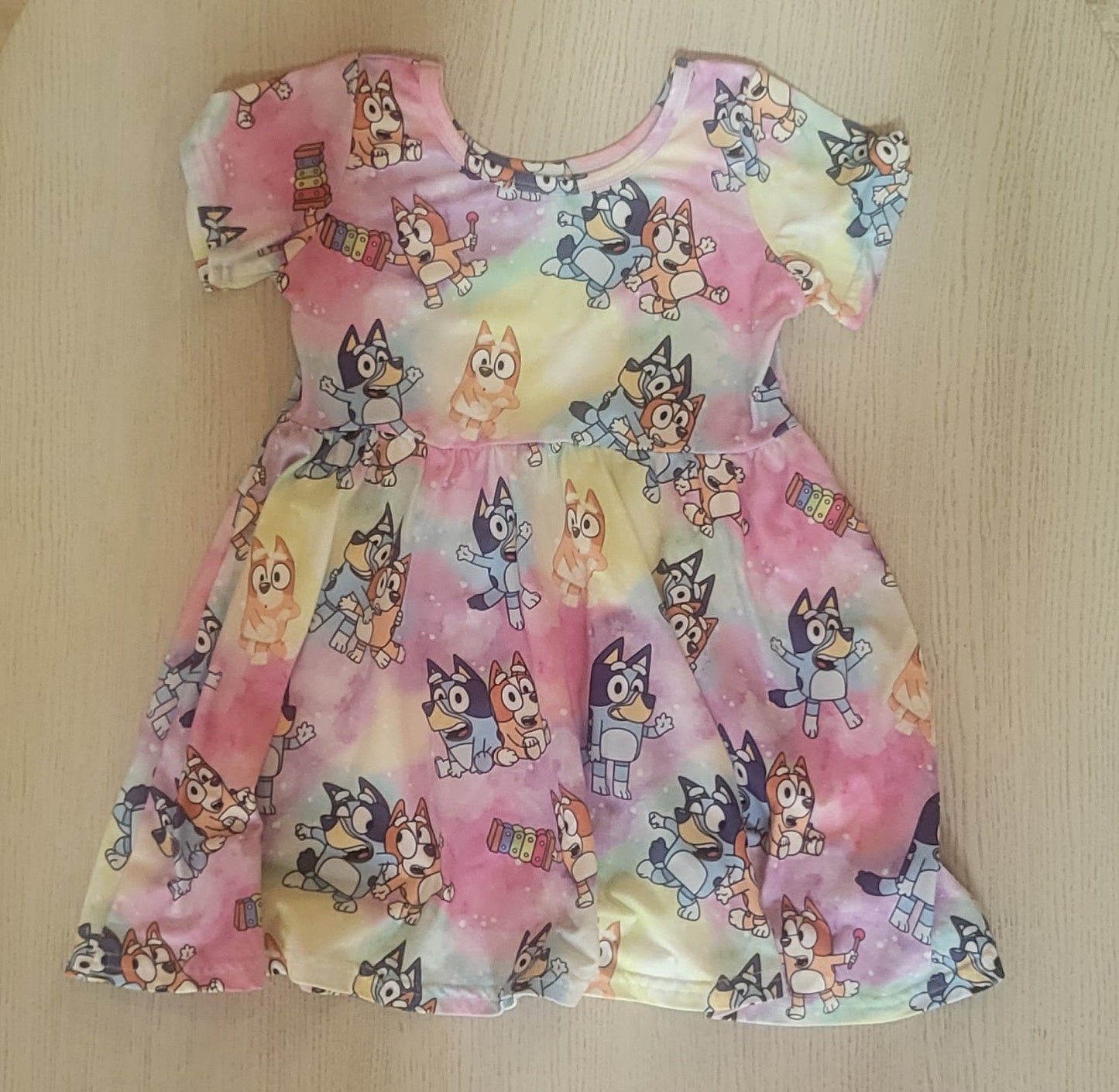 REDUCED: #9---  Girls 4T. Bluey and Bingo tie dye boutique dress