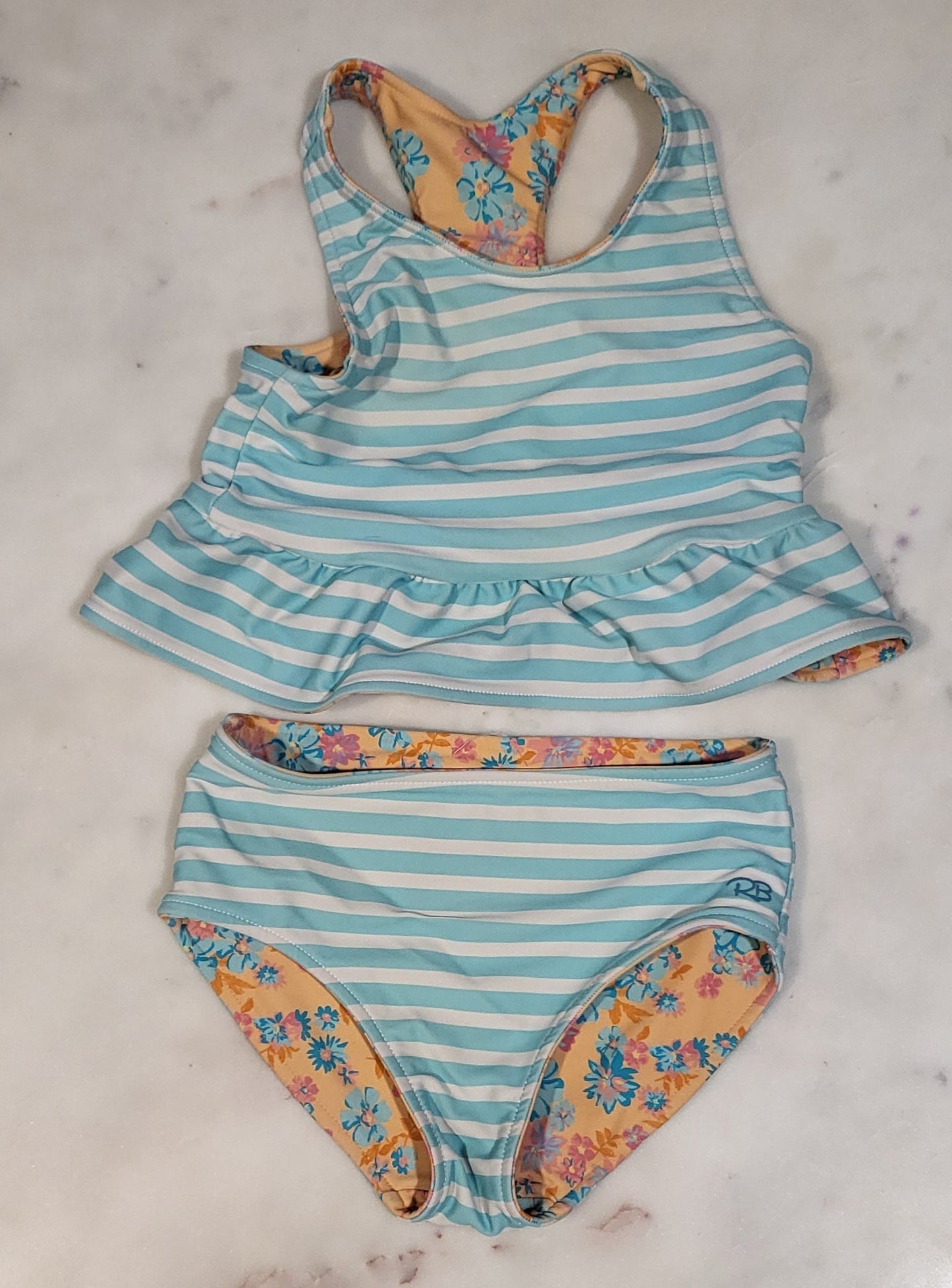 REDUCED: #9--- Girls 5. Rufflebutts Vibrant Valley Reversible Peplum Tankini Swim.