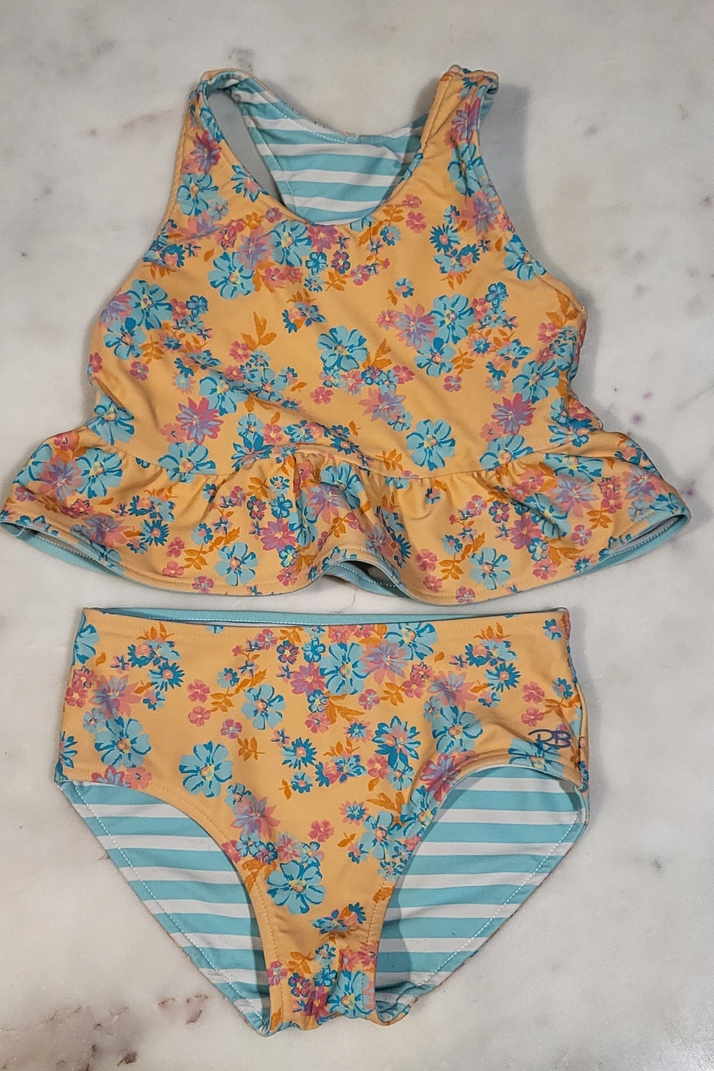 REDUCED: #9--- Girls 5. Rufflebutts Vibrant Valley Reversible Peplum Tankini Swim.