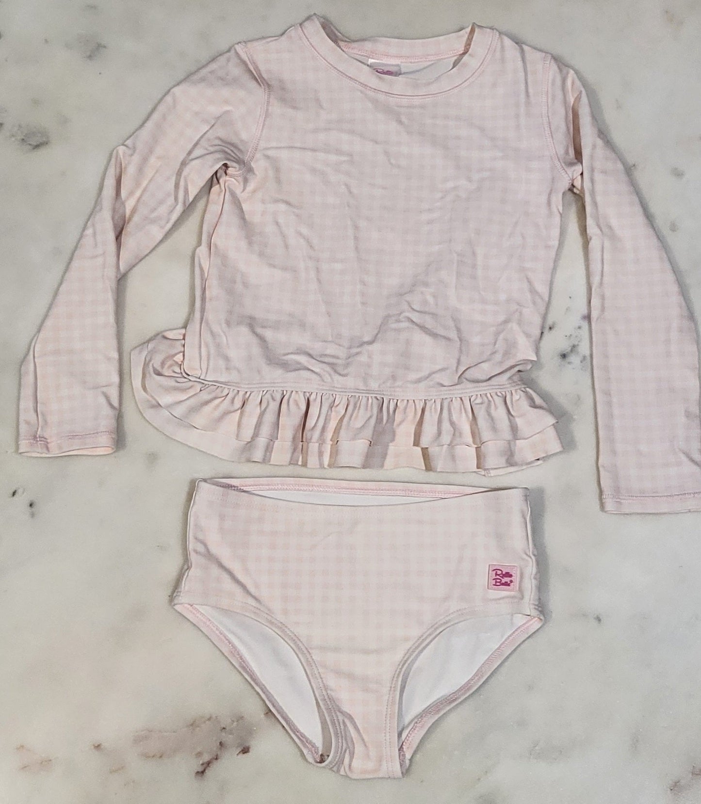 REDUCED: #9--- Girls size 5. Ruffle Butts Pink checked two-piece rash guard.