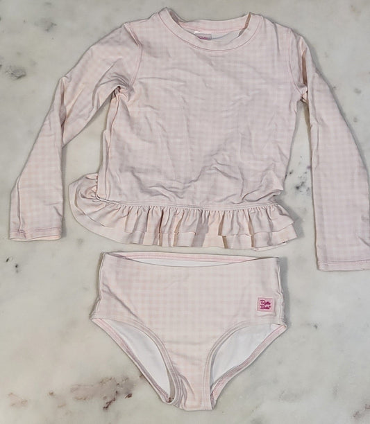 REDUCED: #9--- Girls size 5. Ruffle Butts Pink checked two-piece rash guard.