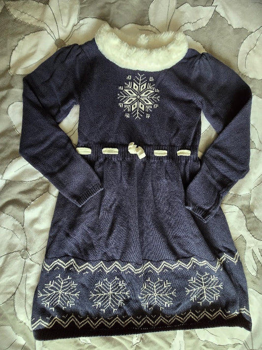 #131 Gymboree navy sweater snowflake dress with faux fur collar sz 8