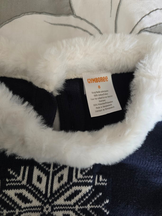#131 Gymboree navy sweater snowflake dress with faux fur collar sz 8
