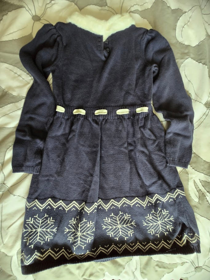 #131 Gymboree navy sweater snowflake dress with faux fur collar sz 8