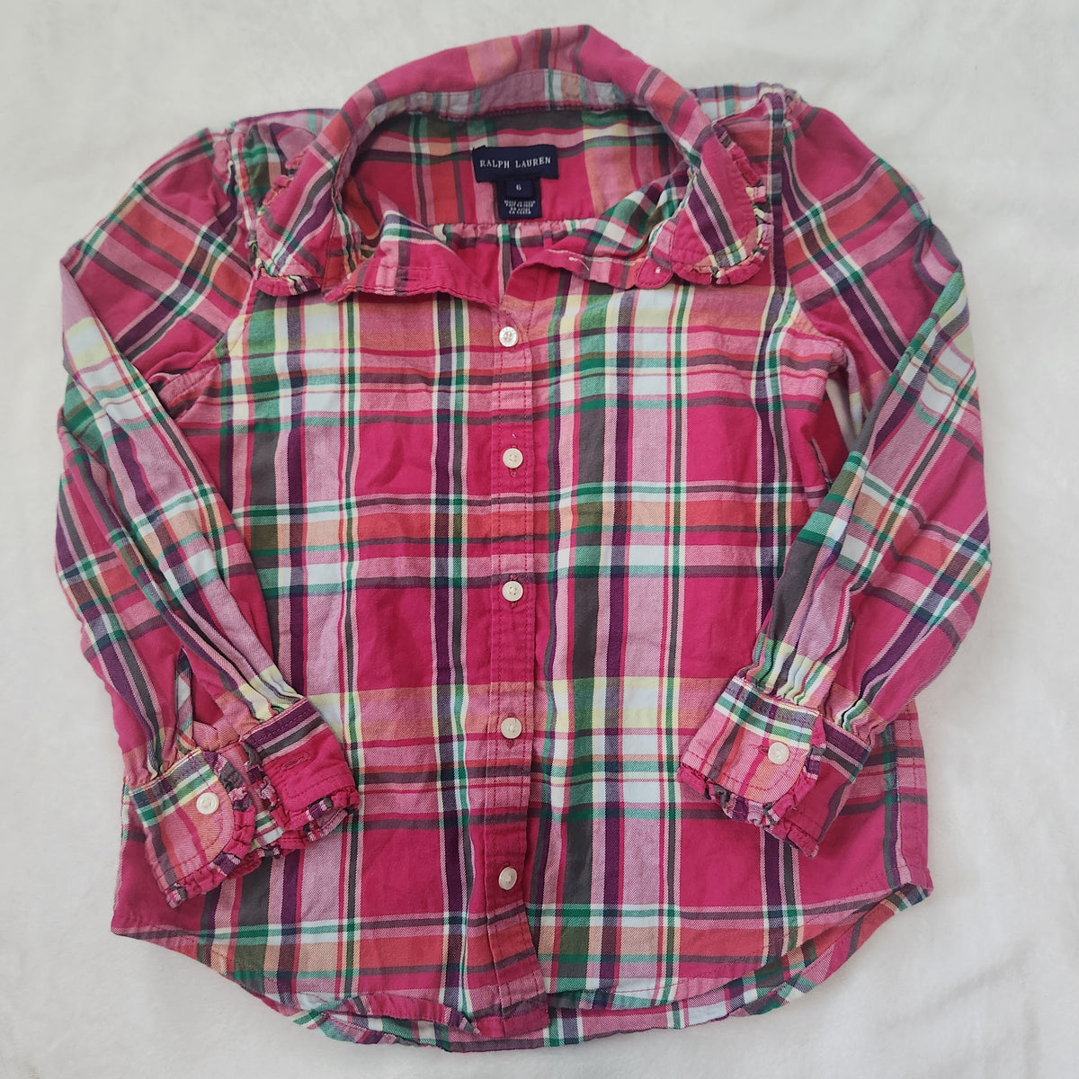 #167 Ralph Lauren Polo Size 6 Fuchsia Plaid Ruffle-Collar Button Shirt
