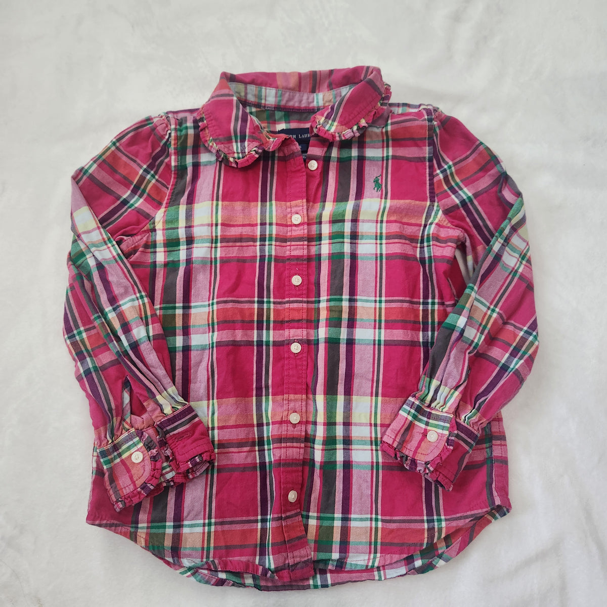 #167 Ralph Lauren Polo Size 6 Fuchsia Plaid Ruffle-Collar Button Shirt