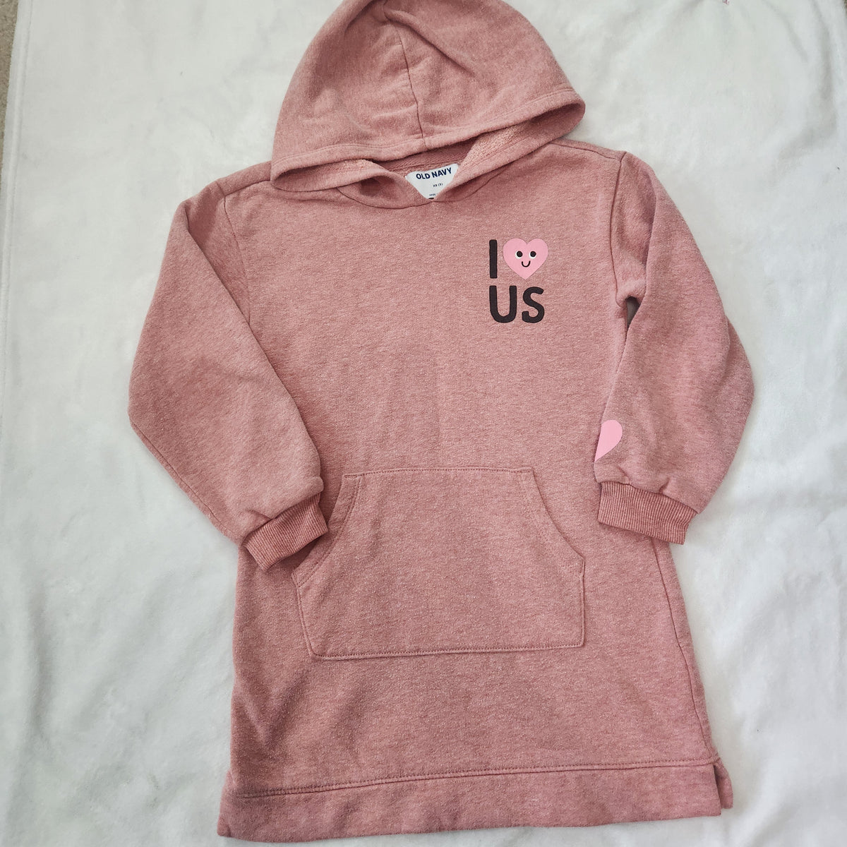 #167 Old Navy 5T Rose Pink Hooded Sweatshirt Dress with Heart Graphic